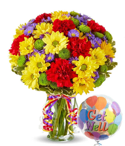 Festive Floral Garden with Get Well Soon Balloon